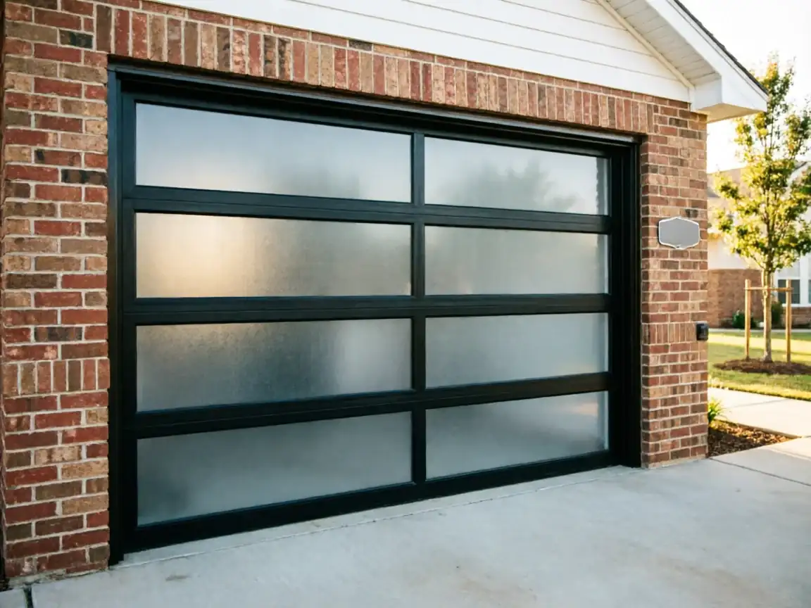 A modern black garage door with frosted glass panels on a brick house.