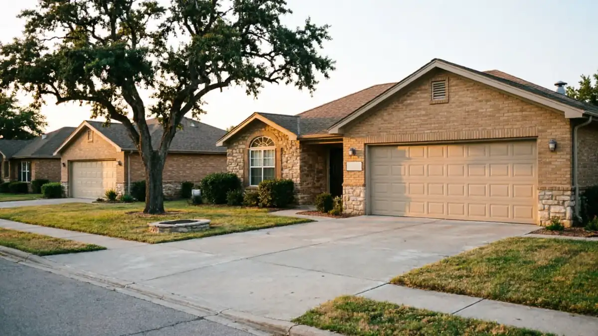 A row of three brick houses with tan garage doors lines a street.