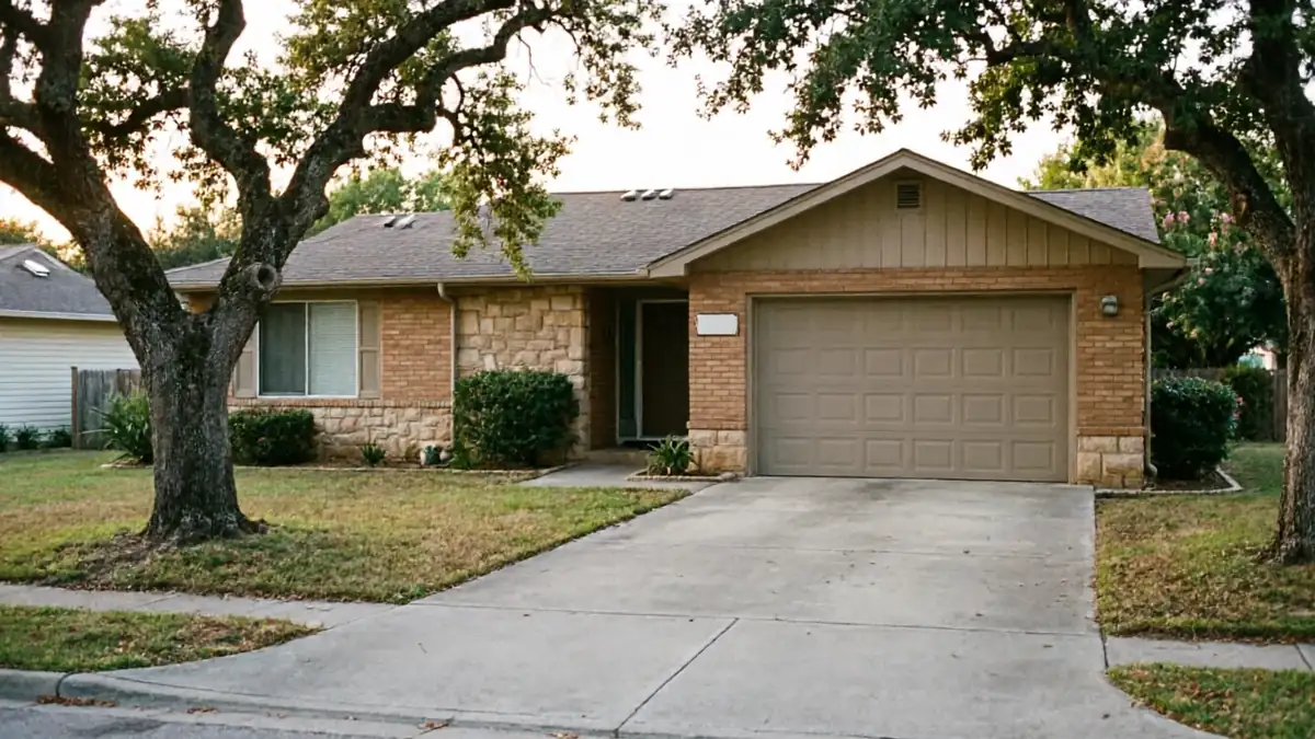 A house with a brown garage door and brick exterior is seen from the street.