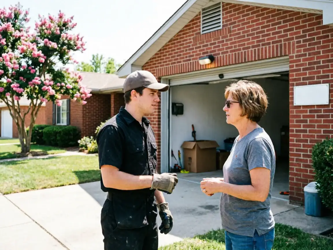 A technician in a cap and gloves talks to a woman in front of a brick house.