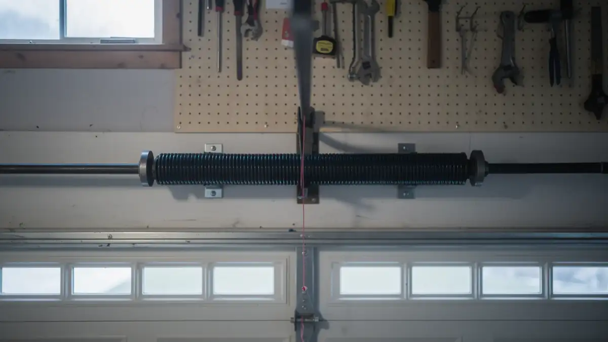 A torsion spring is mounted above a white garage door with windows.